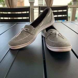 grey and white slip on sneakers / loafers